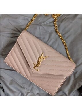 Blush Quilted Leather Shoulder Wallet with Gold Chain